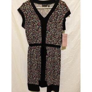 Nina Leonard Women Small Black Floral Stretch Short Sleeve Midi Shift Dress NWT